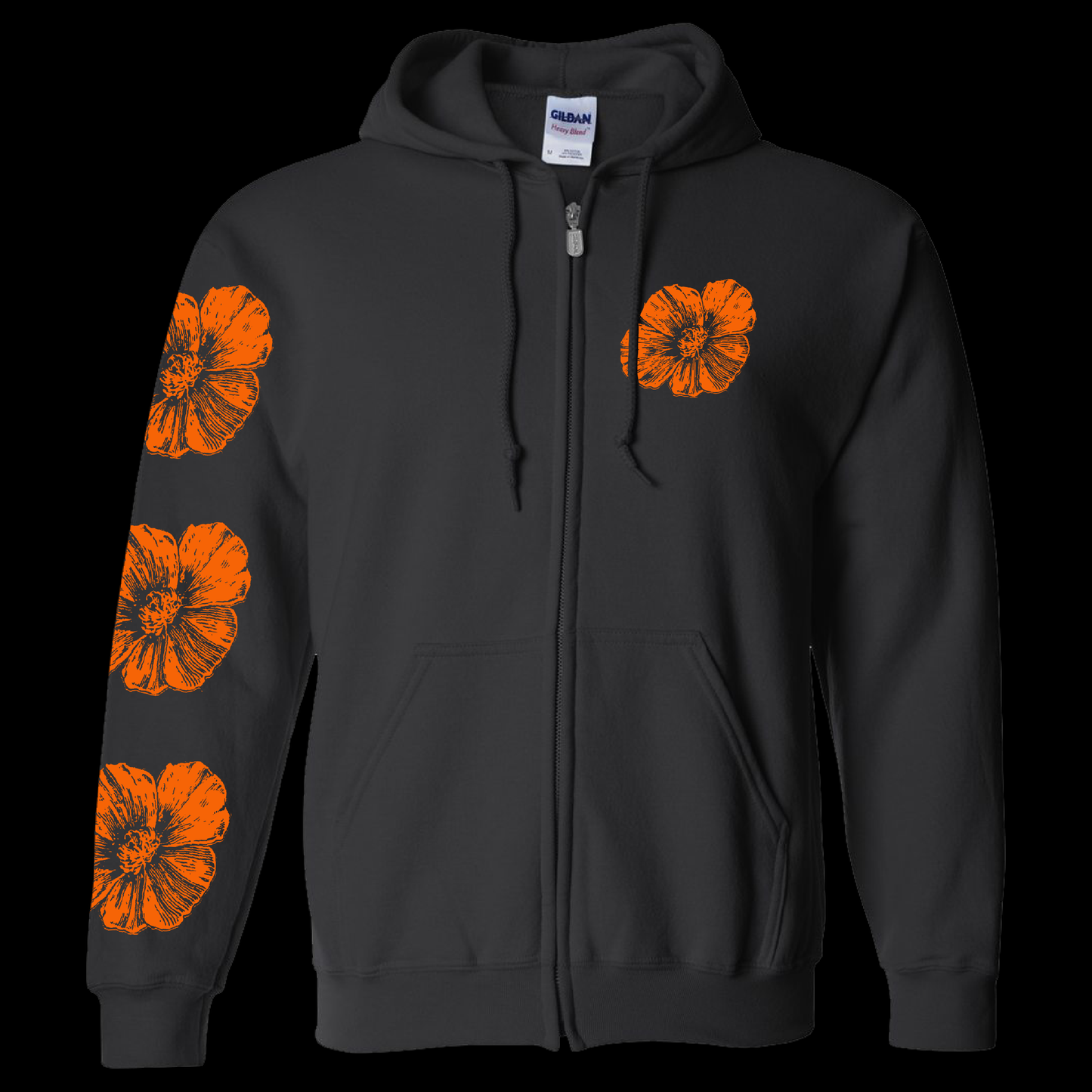 "Poppies" Black Zip Up Hoodie